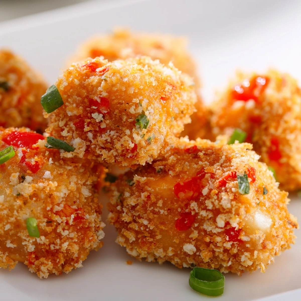 Golden-baked Chicken Treat Bites arranged on a plate with a small bowl of creamy ranch dipping sauce.