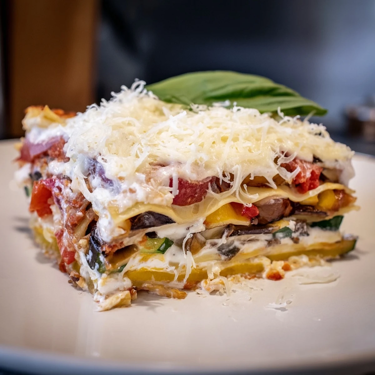 Golden-brown slices of Roasted Vegetable Lasagna with White Sauce, revealing layers of tender pasta, caramelized zucchini, eggplant, and bell peppers under creamy béchamel.
