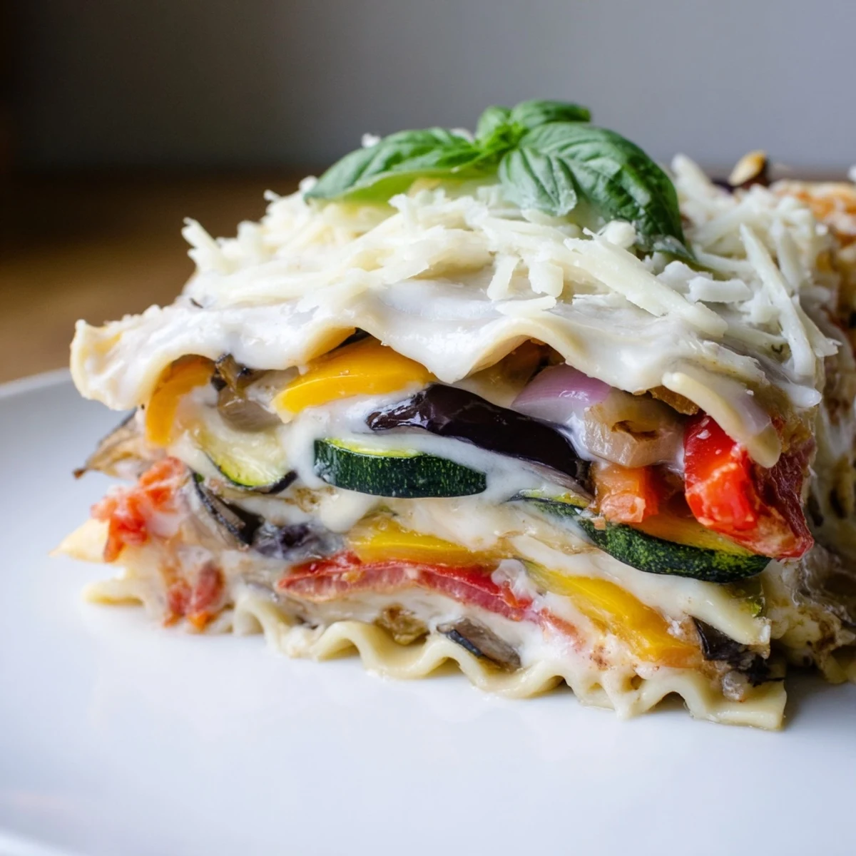 A baked 9x13-inch Roasted Vegetable Lasagna with White Sauce, bubbling with mozzarella and Parmesan, ready to be sliced and served hot.