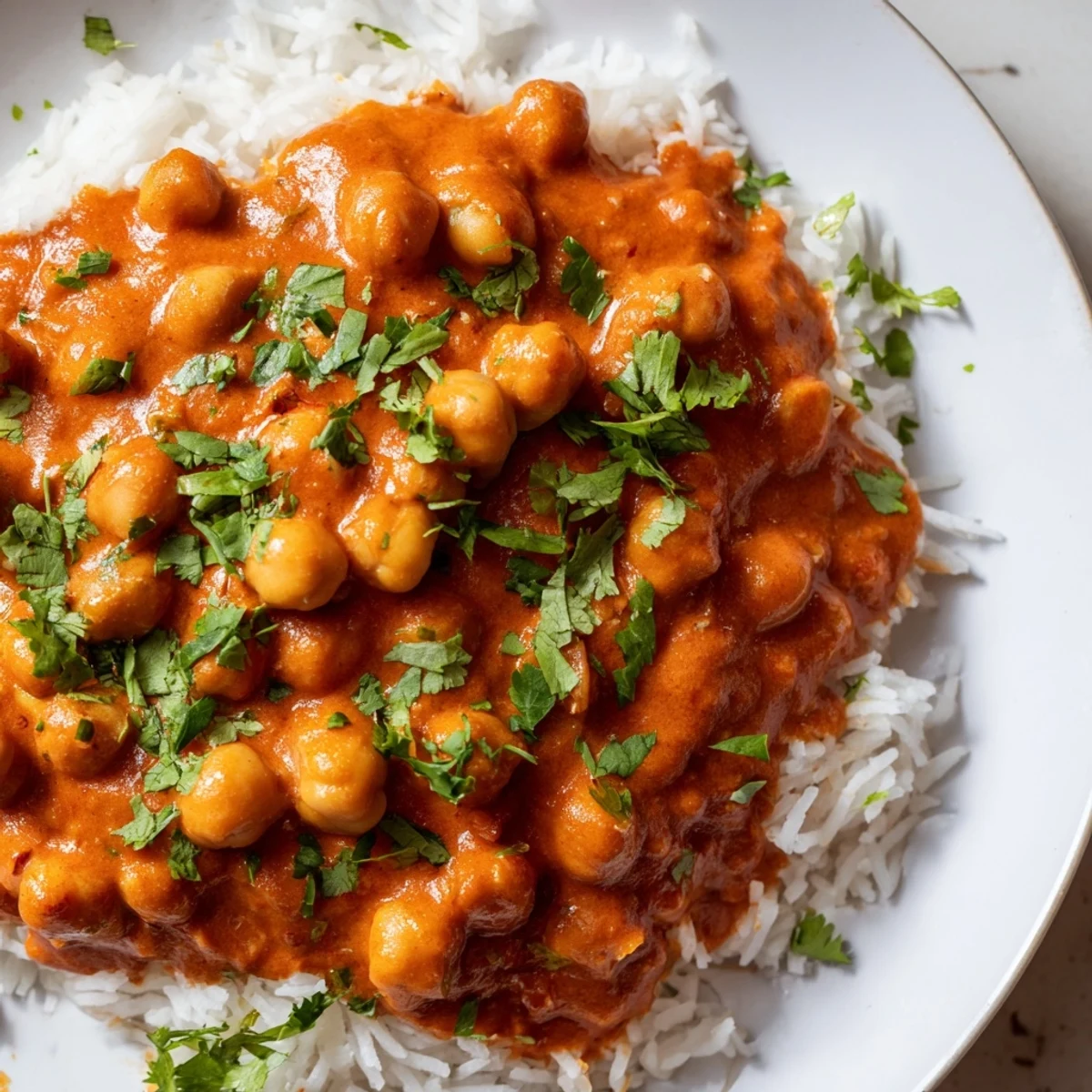 A close-up of Vegan Chickpea Tikka Masala shows creamy spiced tomato sauce with tender chickpeas and a side of rice.