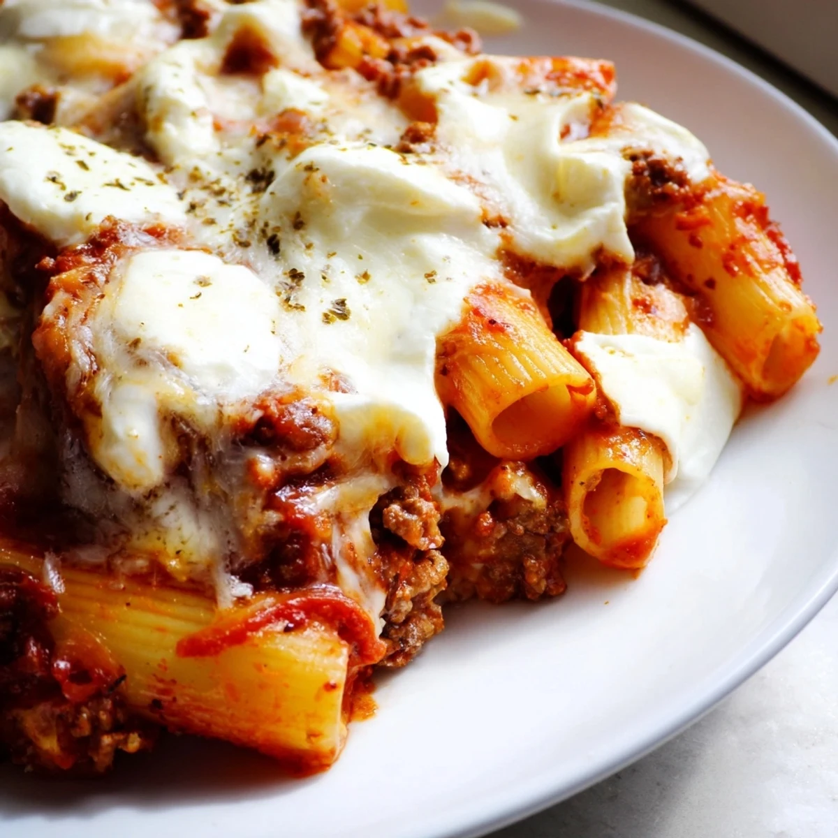 Golden baked ziti with ground beef and marinara topped with melted cheese, served fresh from the oven with crusty garlic bread.