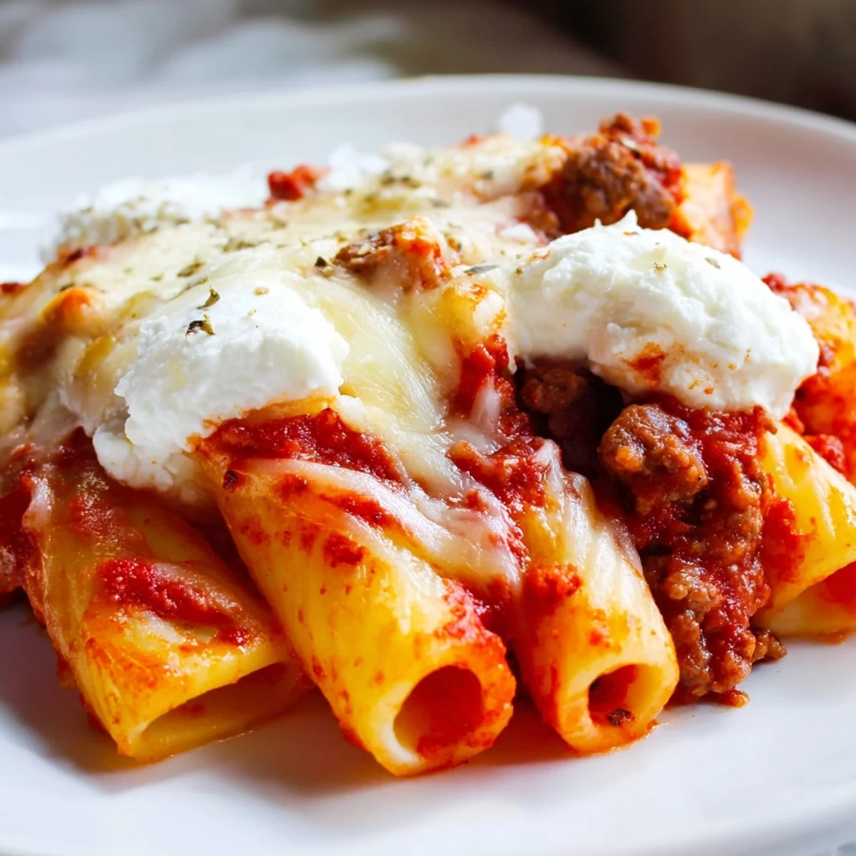 Freshly baked ziti with ground beef and marinara in a white dish, topped with bubbling golden mozzarella and fresh basil leaves.