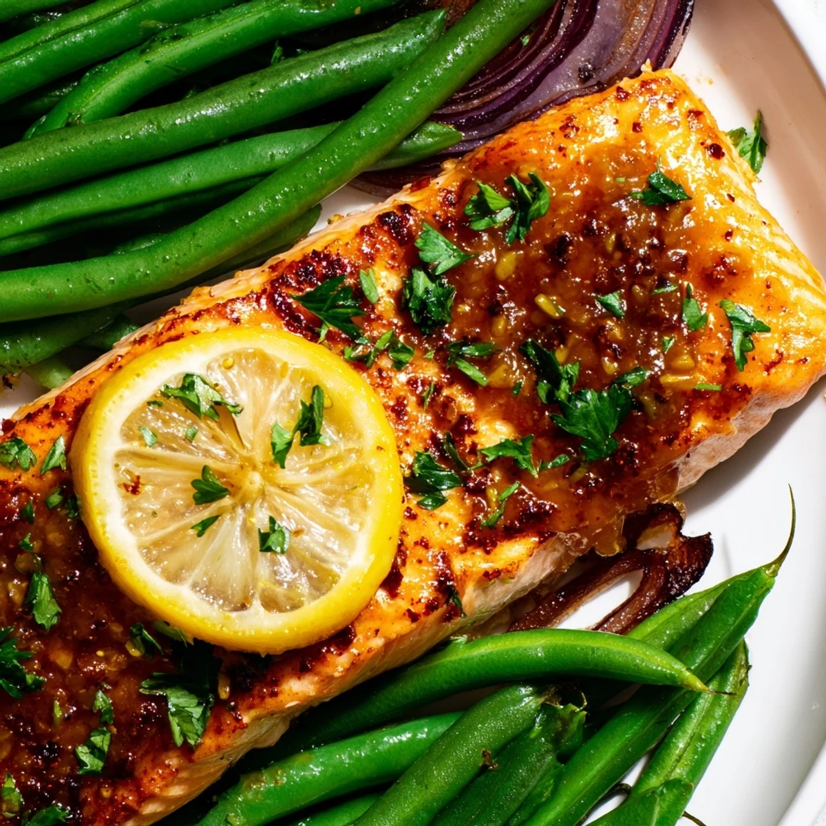 Healthy Sheet Pan Salmon and Green Beans meal served hot from the roasting tray, perfect for dinner.