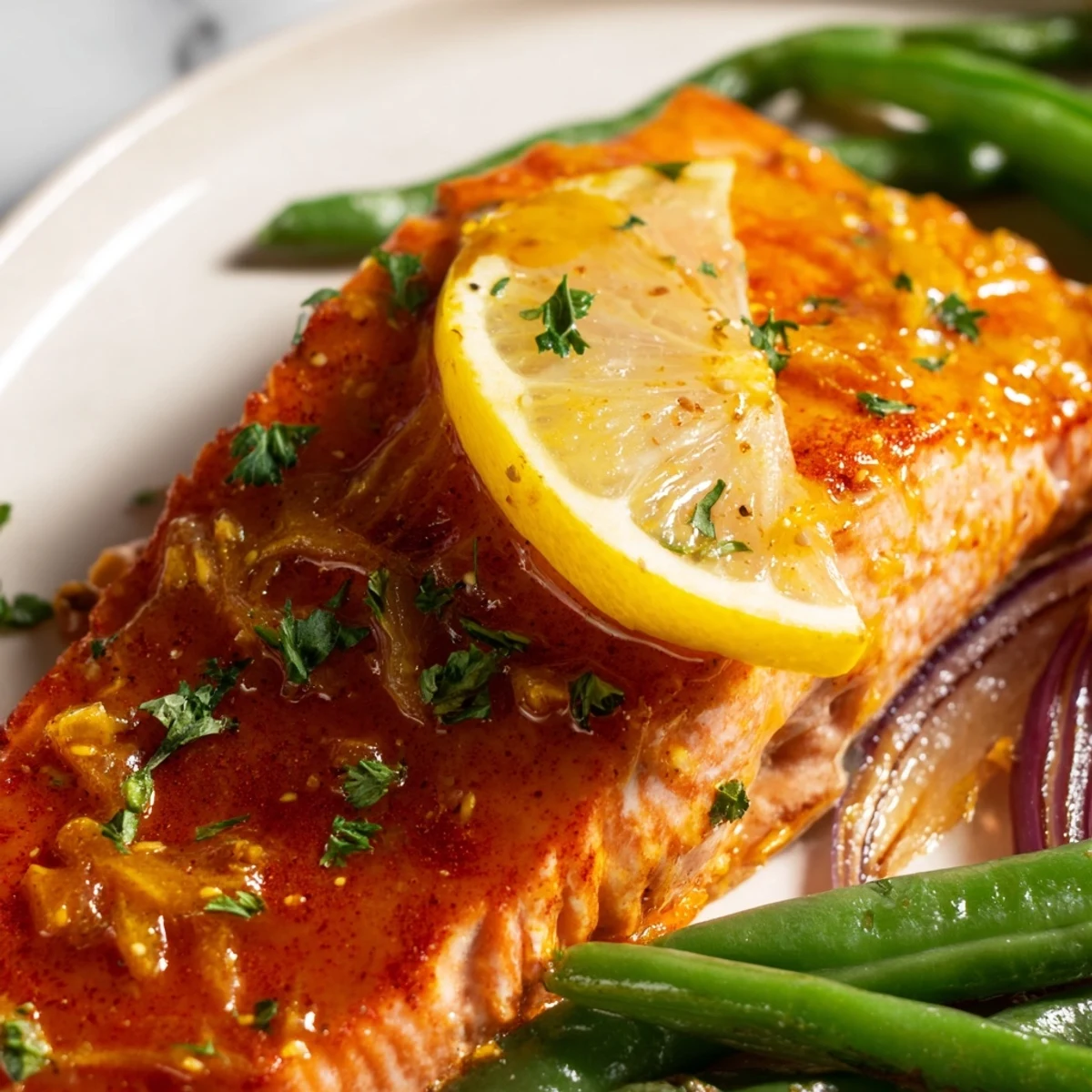 Golden-brown Sheet Pan Salmon and Green Beans fresh from the oven, garnished with lemon slices and parsley.