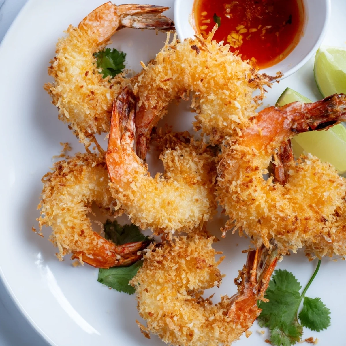 Golden-fried Crispy Coconut Shrimp with Sweet Chili Sauce are arranged on a plate with fresh lime wedges and cilantro garnish.