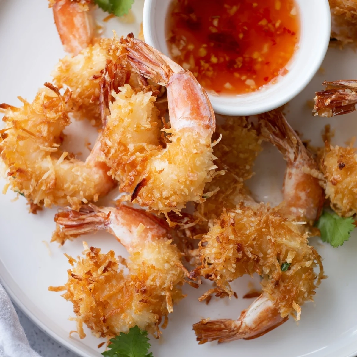 A close-up of Crispy Coconut Shrimp with Sweet Chili Sauce highlights the crunchy coconut crust and juicy shrimp inside.