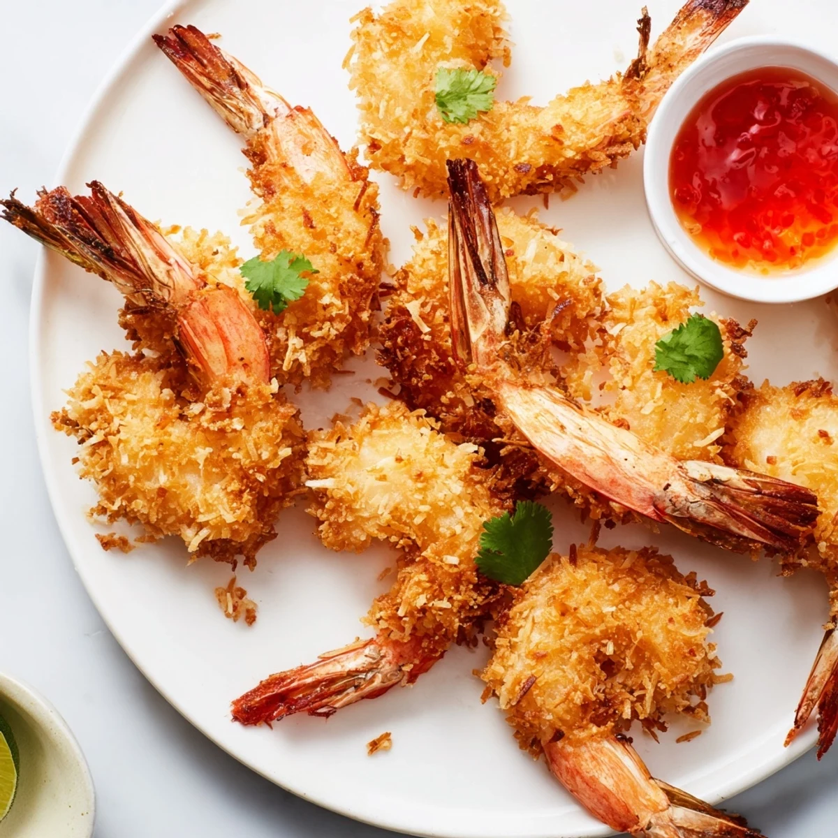 A serving platter of Crispy Coconut Shrimp with Sweet Chili Sauce is ready for an appetizer or party snack.