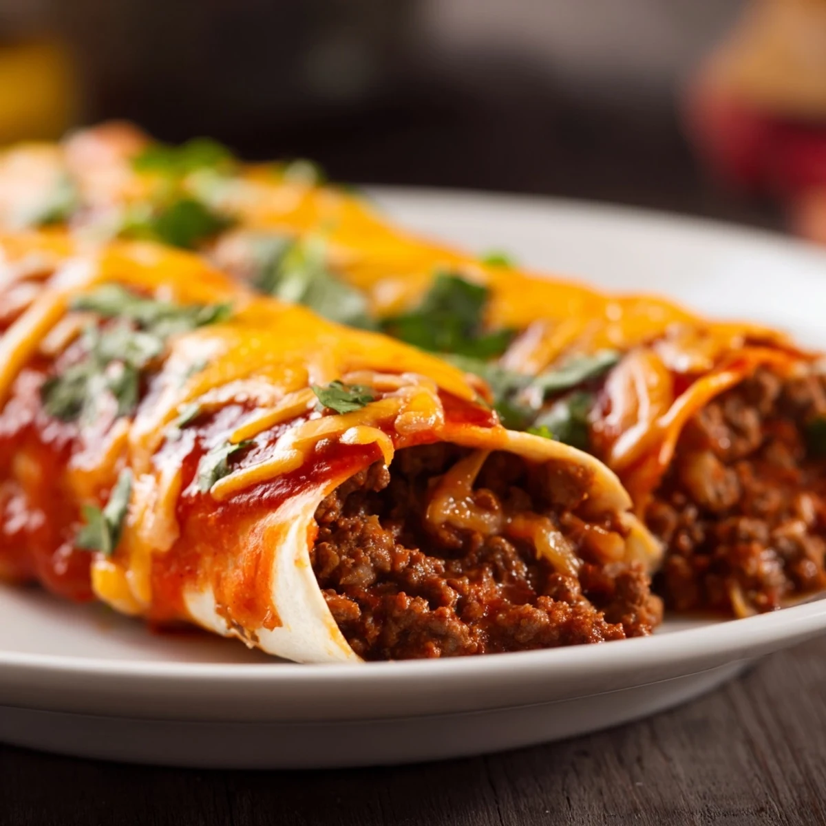 Ground beef and onions wrapped in flour tortillas, smothered in homemade red enchilada sauce.