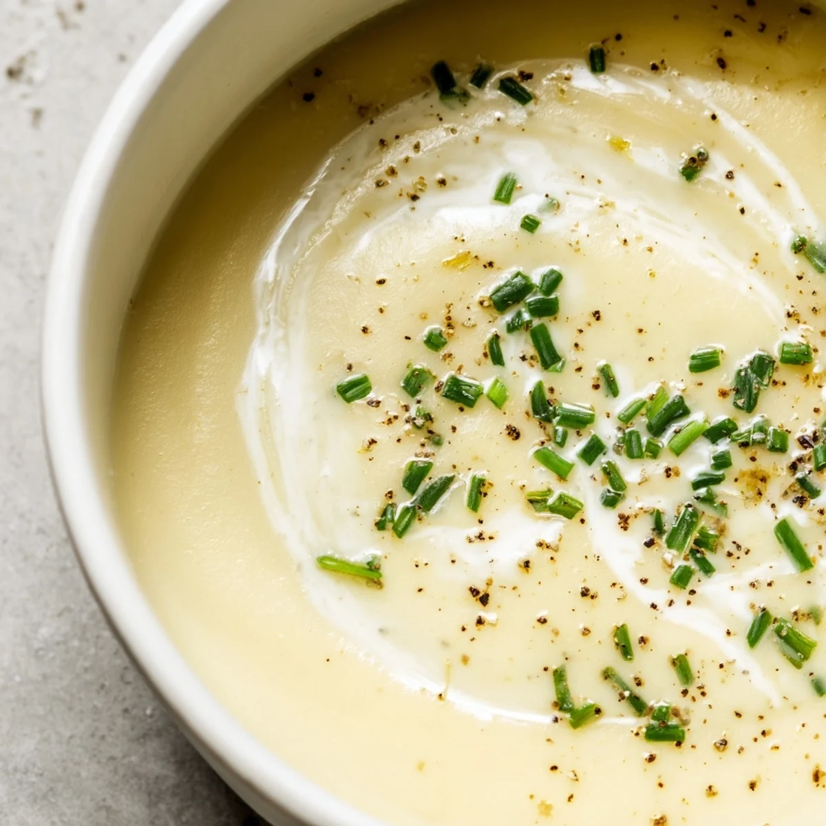 Creamy Potato Leek Soup with Chives in a rustic bowl, garnished with fresh chives and a drizzle of cream beside crusty artisan bread.