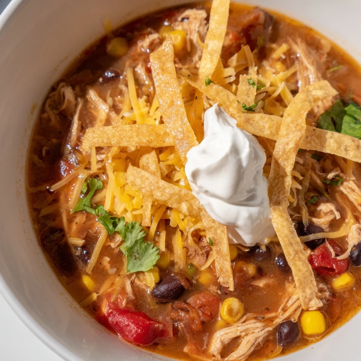 Close-up of Chicken Tortilla Soup with Crispy Strips in a rustic bowl, topped with golden chips and fresh cilantro.