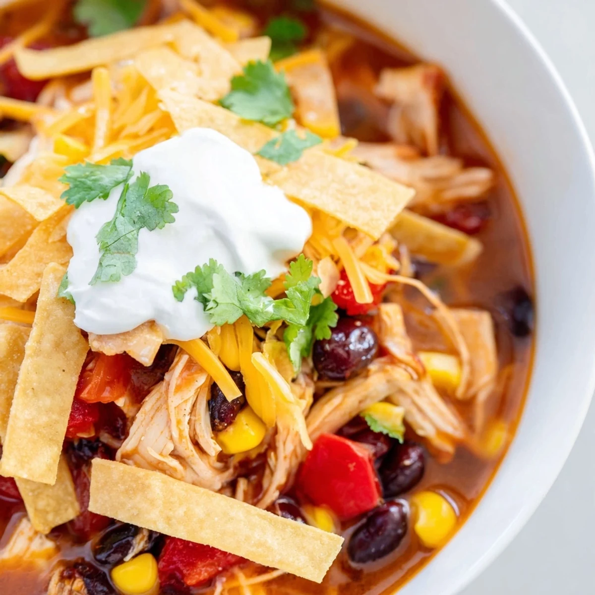 A warm bowl of Chicken Tortilla Soup with Crispy Strips garnished with avocado slices and sour cream on a wooden table.