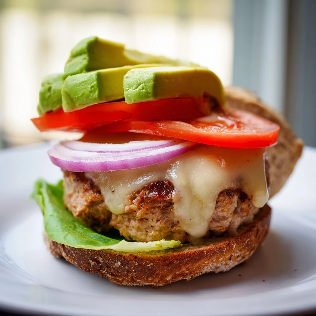 Golden-brown turkey burger with melted Swiss cheese and avocado slices on a toasted whole wheat bun, surrounded by fresh tomato and lettuce.
