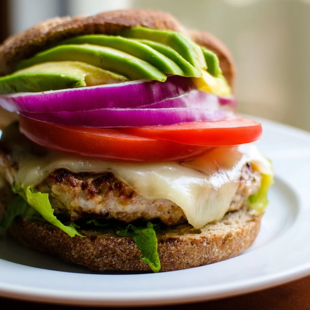 A juicy turkey burger topped with creamy avocado and melted Swiss cheese, served on a toasted bun for a fresh, satisfying meal.