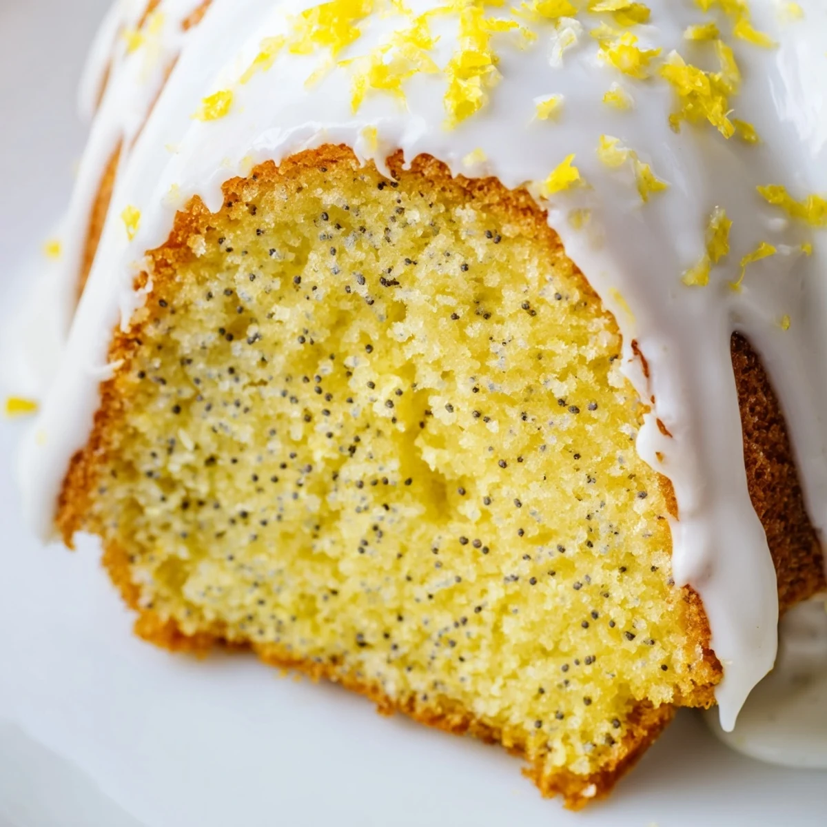 Golden Lemon Poppy Seed Bundt Cake on a marble counter, drizzled with sweet lemon glaze and ready to serve for dessert.