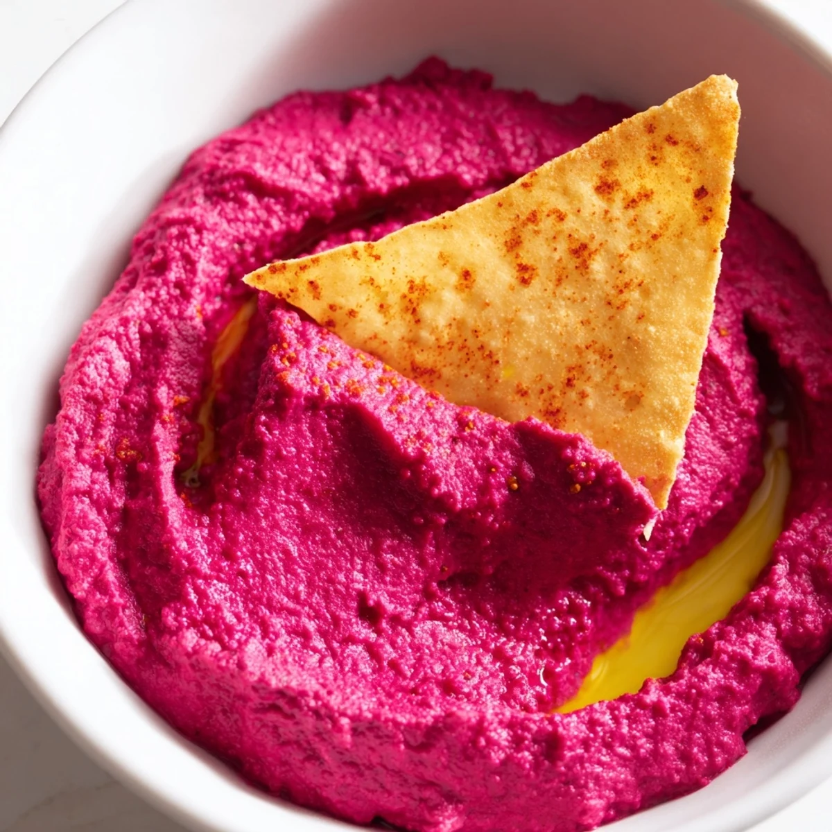 Creamy, vibrant pink Roasted Beet Hummus drizzled with olive oil, served alongside golden, crunchy toasted pita chips for dipping.