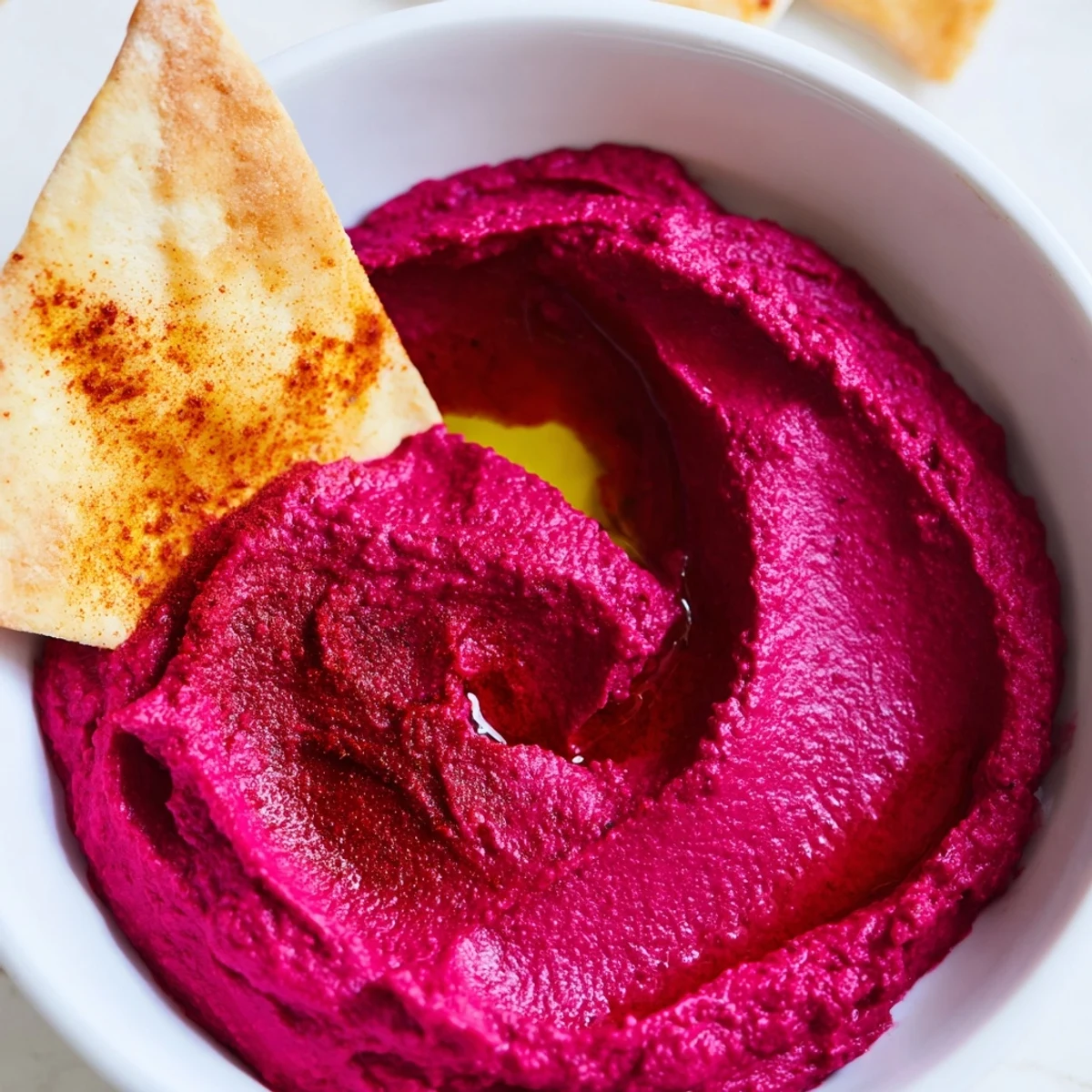 A bowl of jewel-toned Roasted Beet Hummus with crispy pita chips, perfect for a colorful Mediterranean appetizer spread.