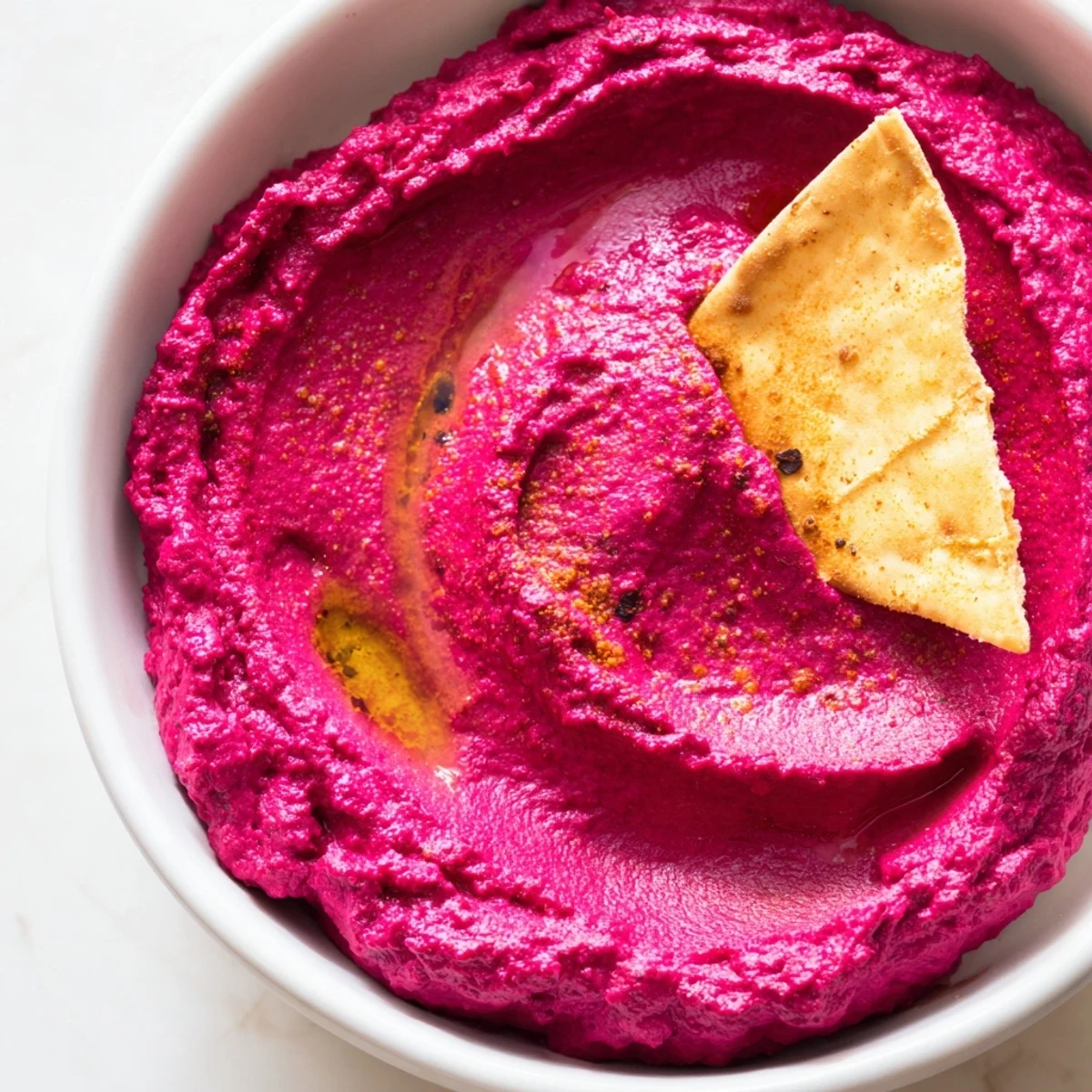 Homemade Roasted Beet Hummus, beautifully blended and garnished, paired with warm, smoked paprika-spiced pita chips on the side.