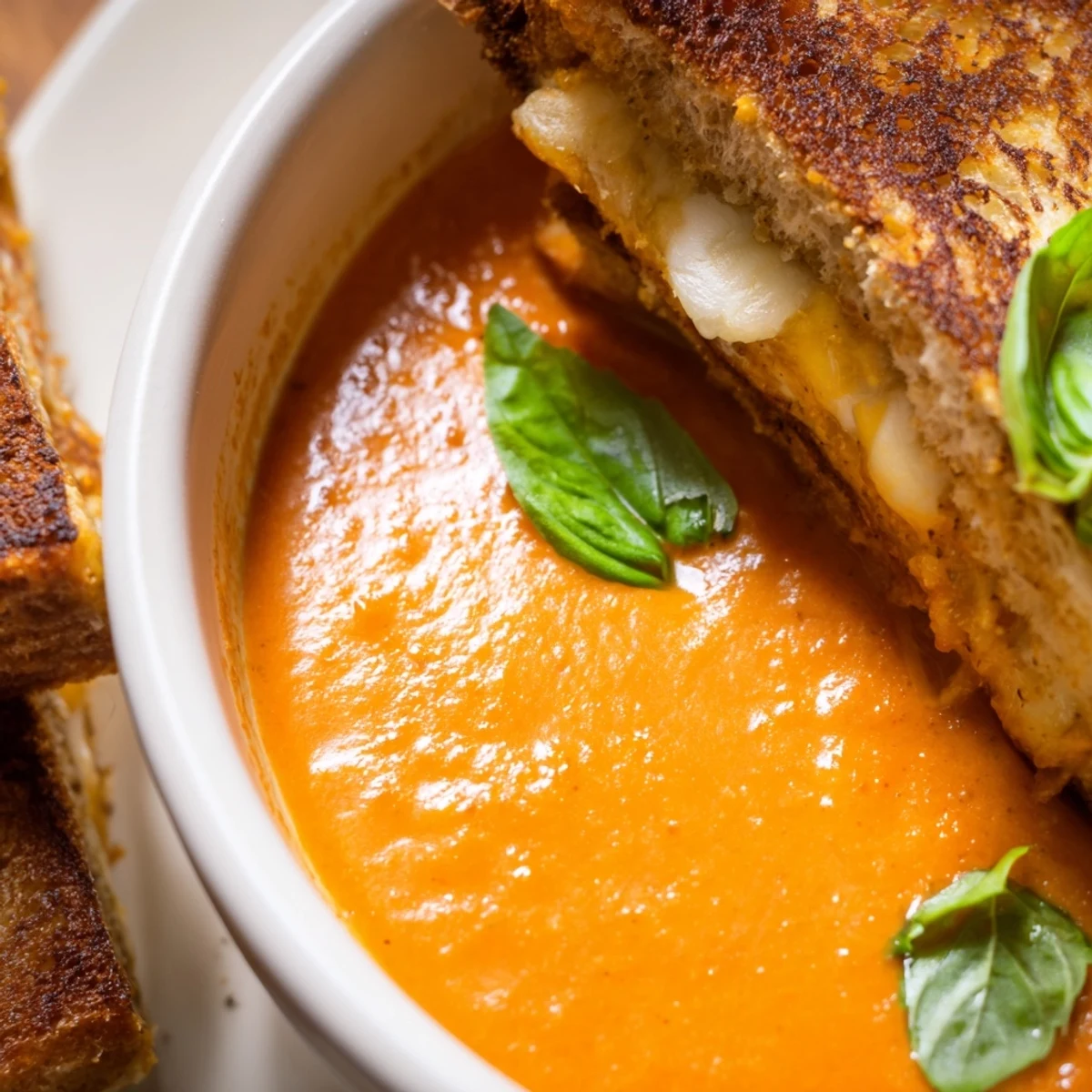 Fresh basil garnish on velvety Creamy Tomato Basil Bisque with Grilled Cheese, steam rising from a cozy bowl at dinner.