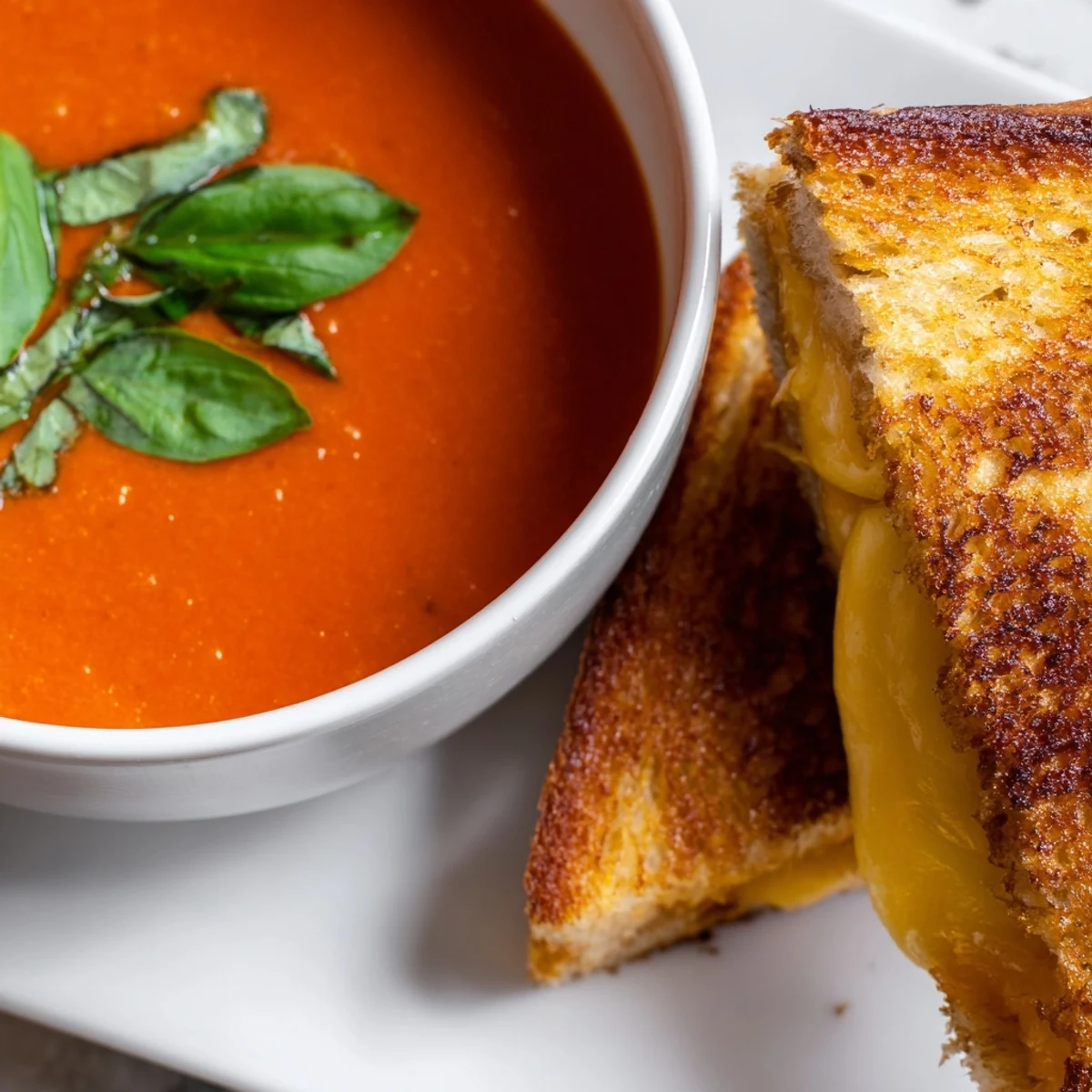 Golden grilled cheese dipped into rich Creamy Tomato Basil Bisque with Grilled Cheese, melty cheddar and mozzarella shown.