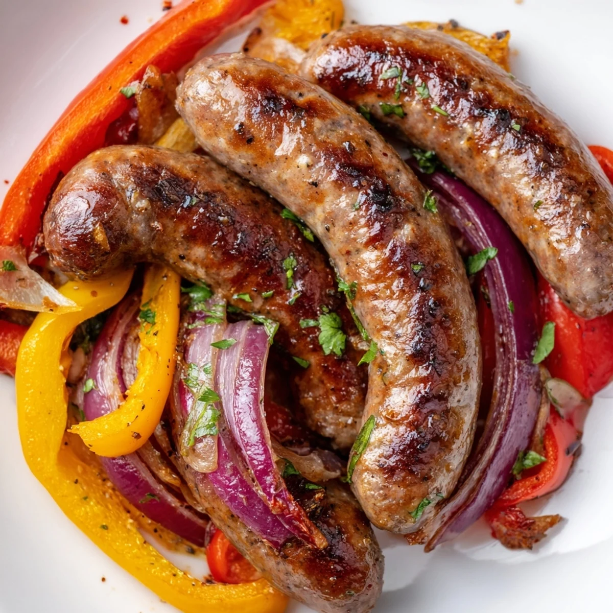Golden-brown Italian sausages roast alongside vibrant red and yellow bell peppers and onions on a sheet pan.