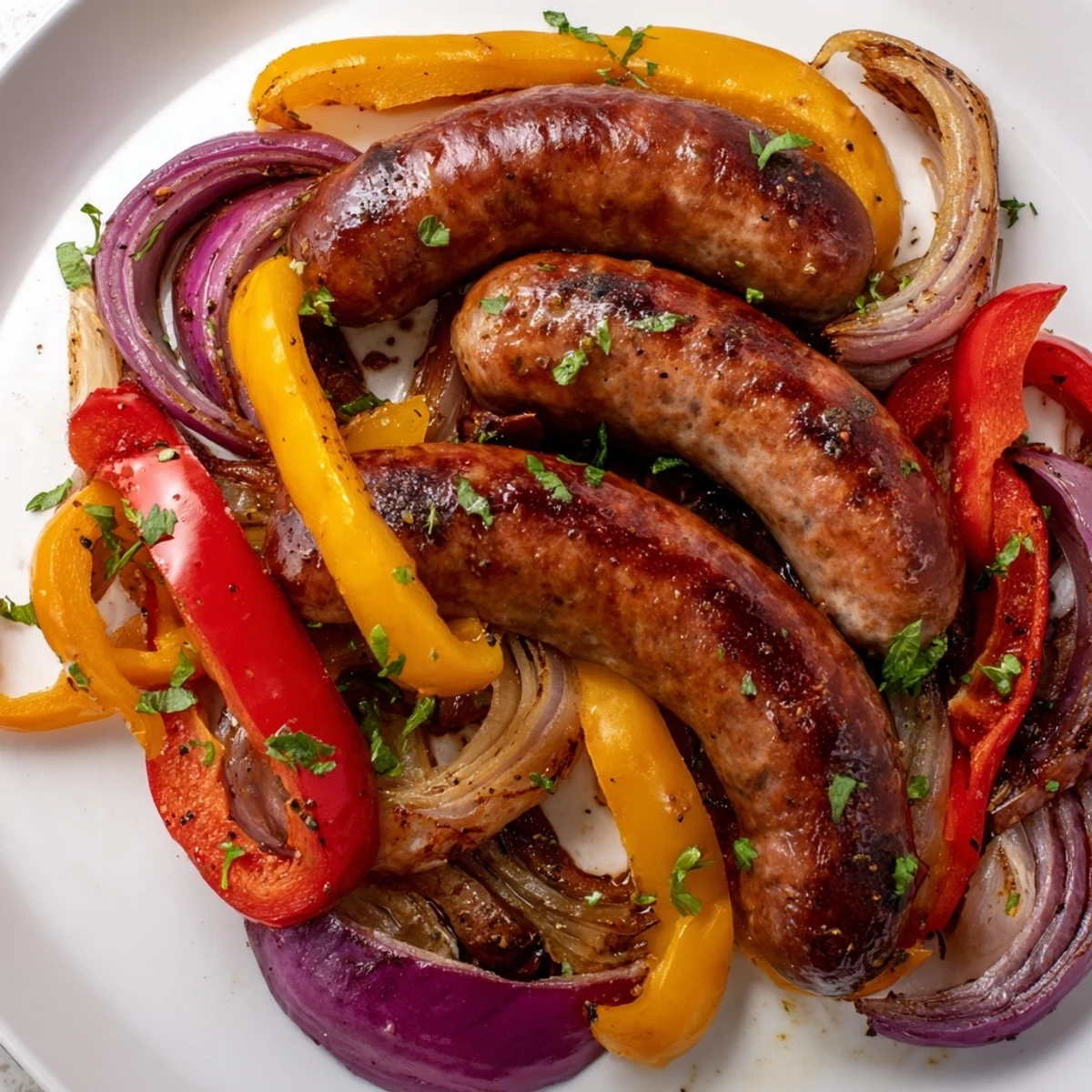 A close-up of glazed Sheet Pan Sausage and Peppers with Onions reveals caramelized edges, perfect for a hearty meal.