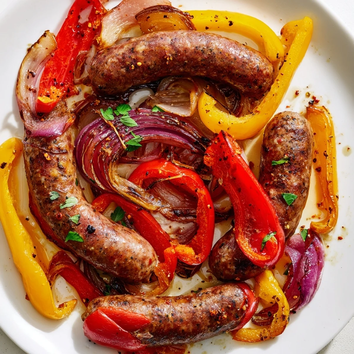 Juicy Sheet Pan Sausage and Peppers with Onions release an aromatic blend of oregano and garlic, served family-style.