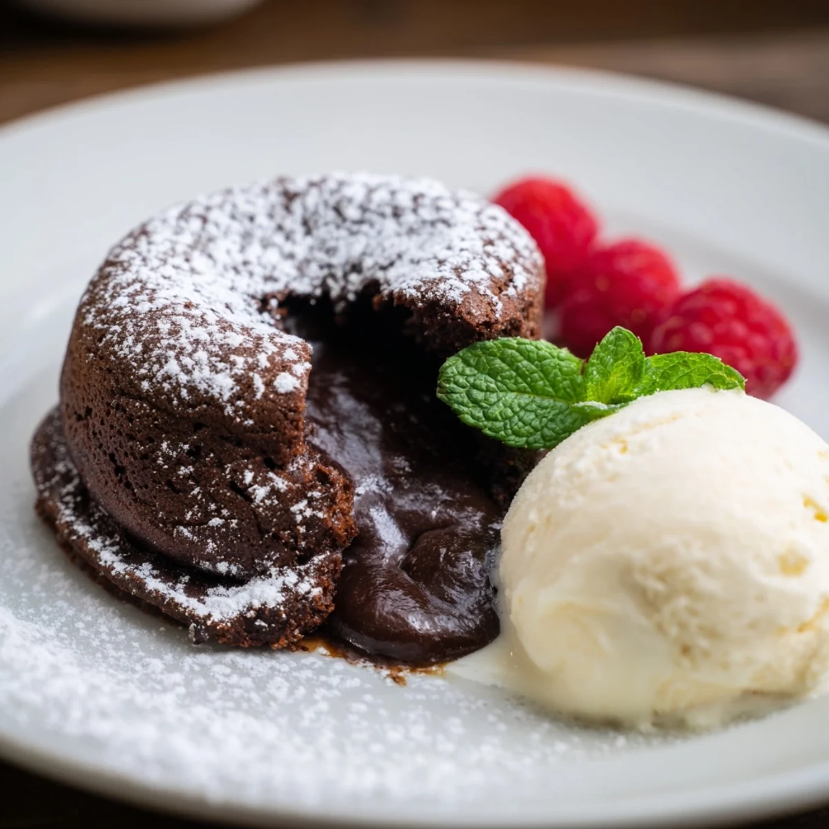 Steaming Chocolate Lava Cakes with Vanilla Bean Ice Cream release rich cocoa aromas from their molten centers.
