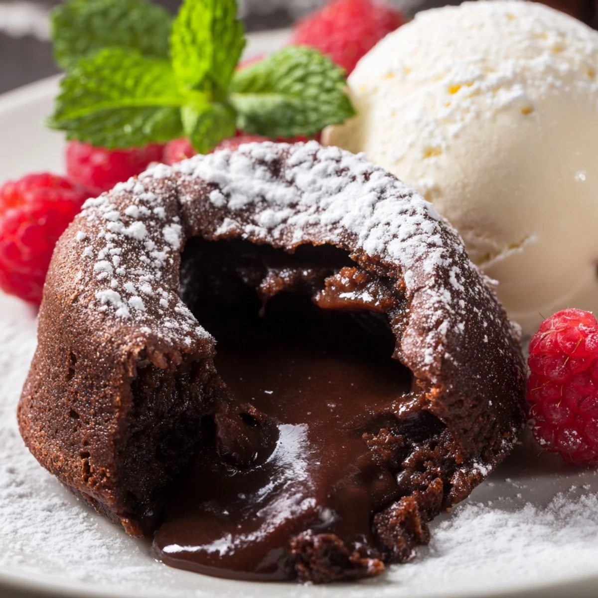 Warm ramekins of Chocolate Lava Cakes with Vanilla Bean Ice Cream are dusted with powdered sugar for serving.