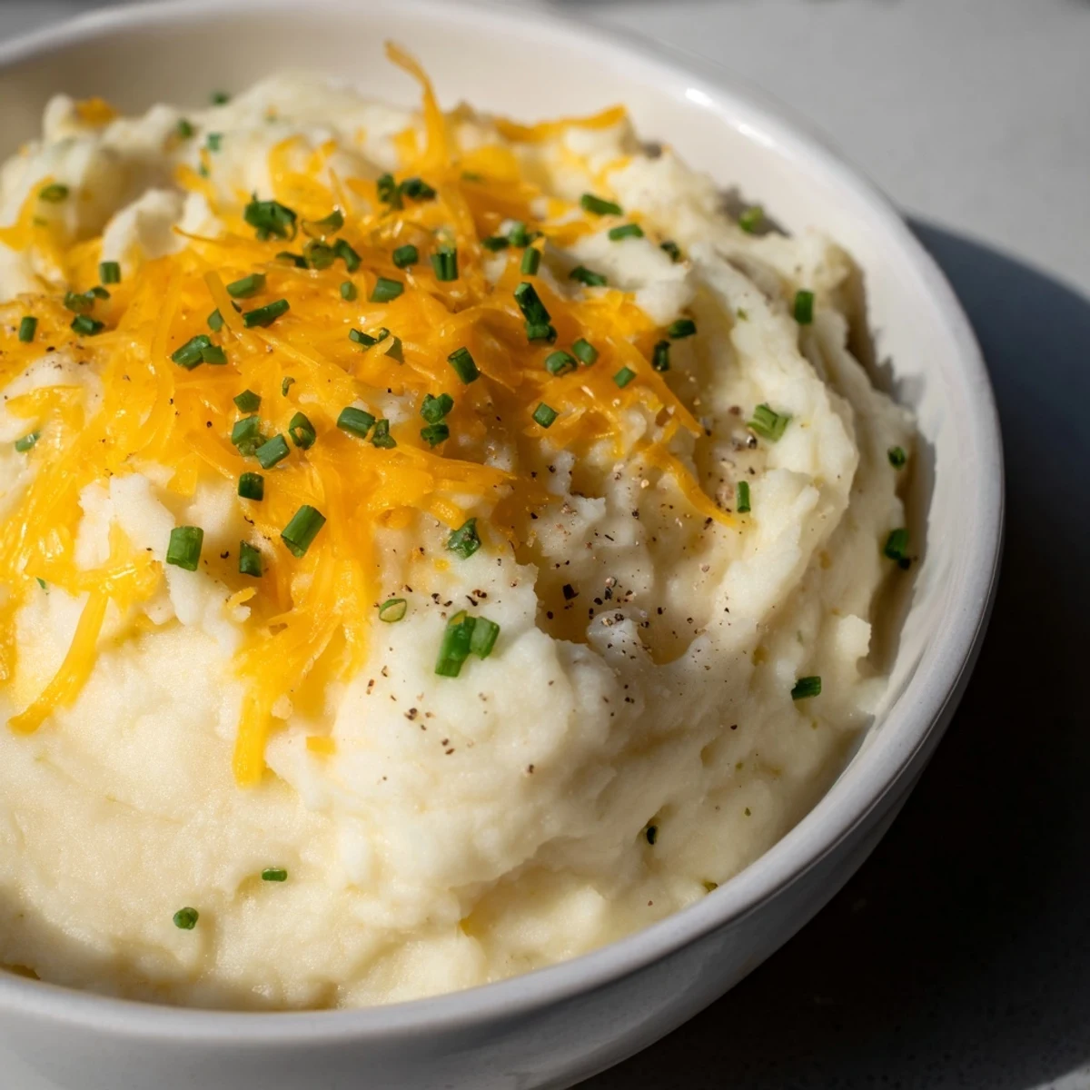 Creamy Garlic Mashed Cauliflower with Cheese served hot in a rustic ceramic bowl, garnished with fresh chives and a buttery swirl.