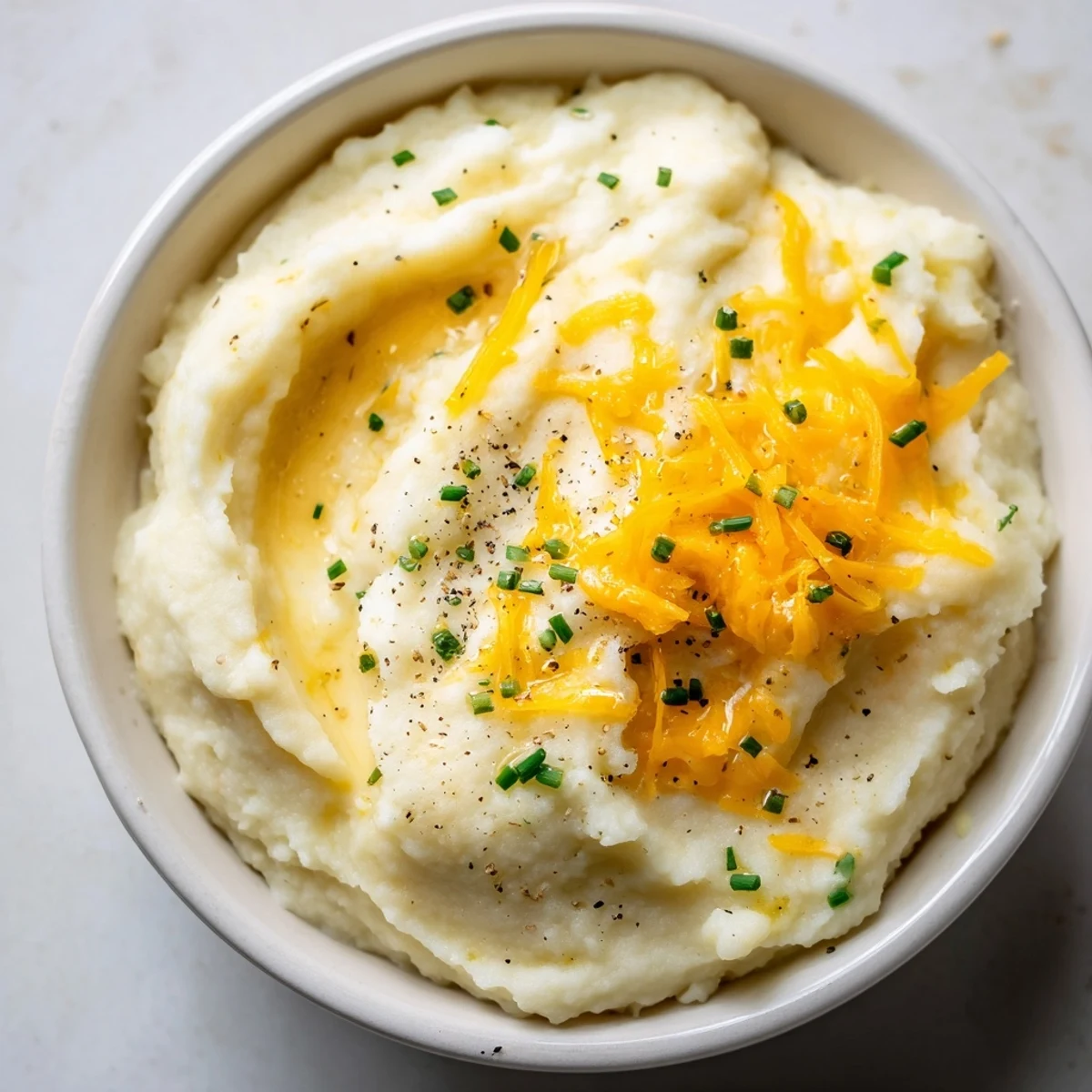 Garlic Mashed Cauliflower with Cheese, a low-carb side dish alternative to mashed potatoes, topped with sharp cheddar and Parmesan.