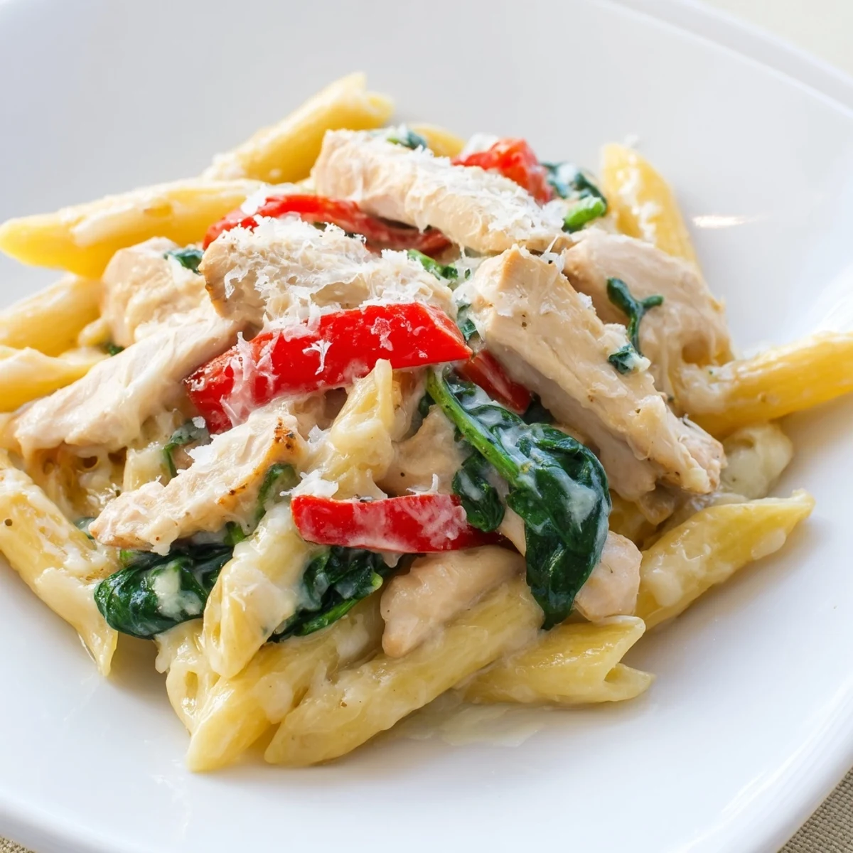 Creamy Meal Pasta with tender chicken and spinach, topped with fresh parsley and grated Parmesan, served steaming hot.