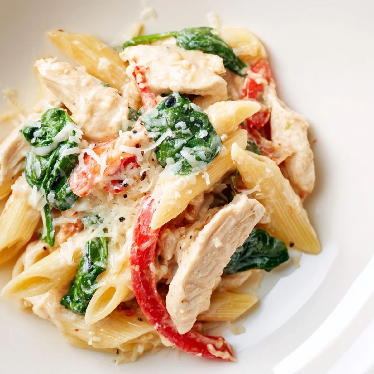 Ready-to-serve Creamy Meal Pasta plated with extra Parmesan, perfect for a weeknight family dinner with garlic bread.