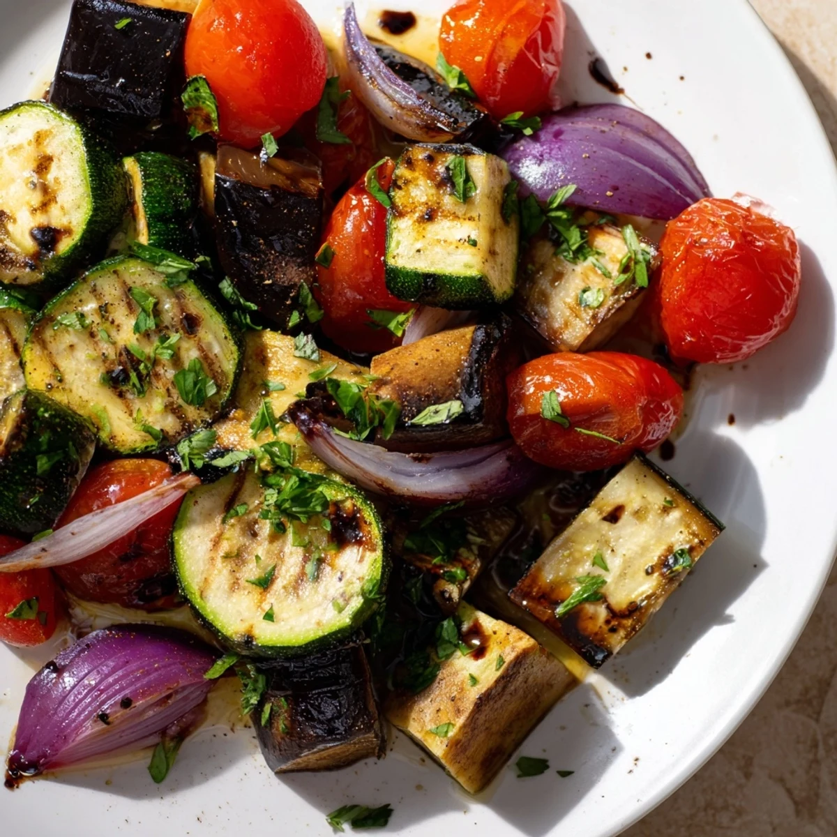 Golden roasted carrots, bell peppers, and zucchini from the Roasted Vegetable Medley, caramelized edges glowing on a baking sheet.