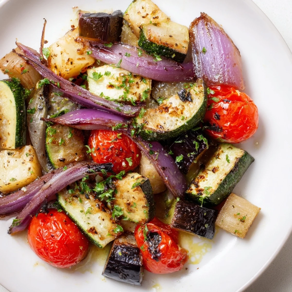 Colorful Roasted Vegetable Medley served warm from the oven, paired with a slice of crusty bread for dipping.