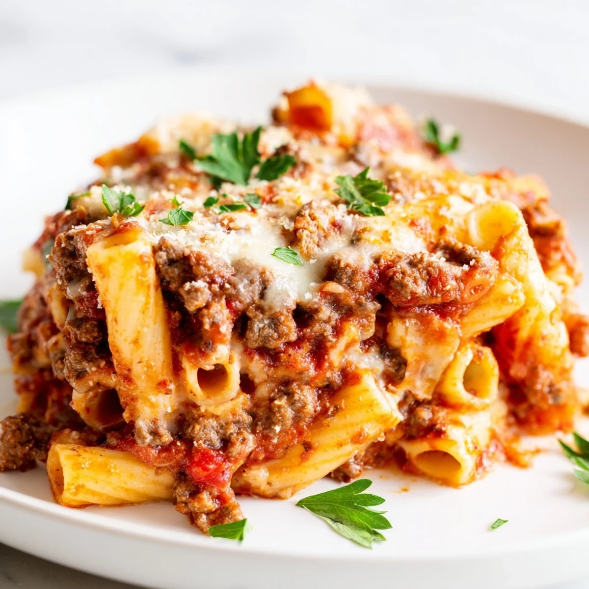 Golden, bubbly mozzarella tops a hearty pan of Baked Ziti with ground beef marinara, ready to serve.