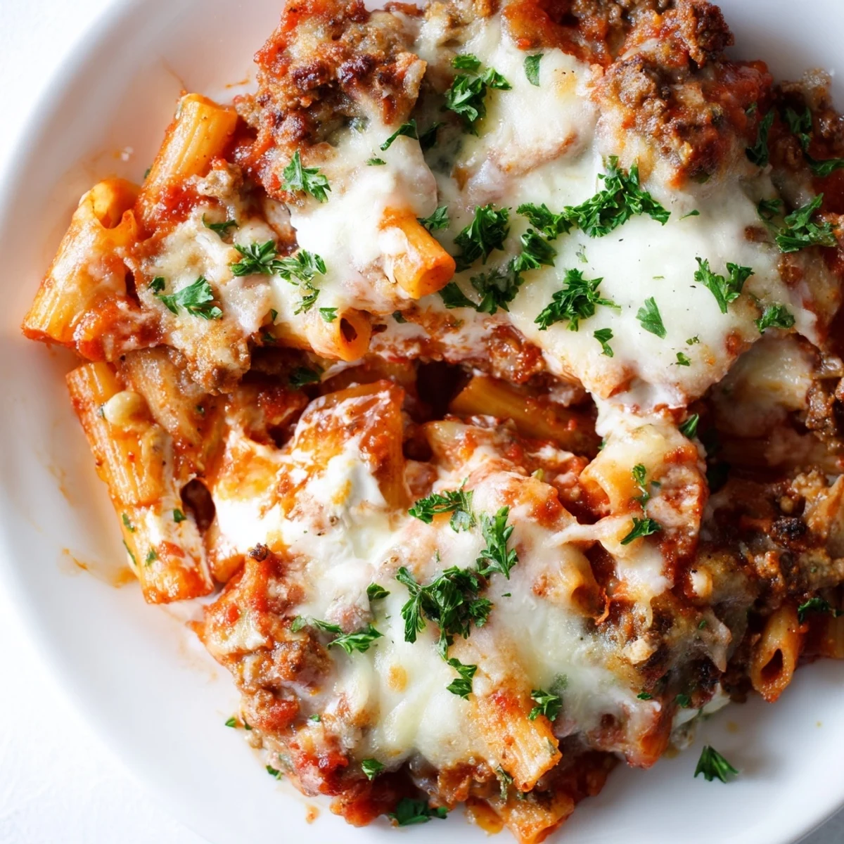 A serving dish of Baked Ziti with ground beef marinara and melted mozzarella, garnished with fresh basil.