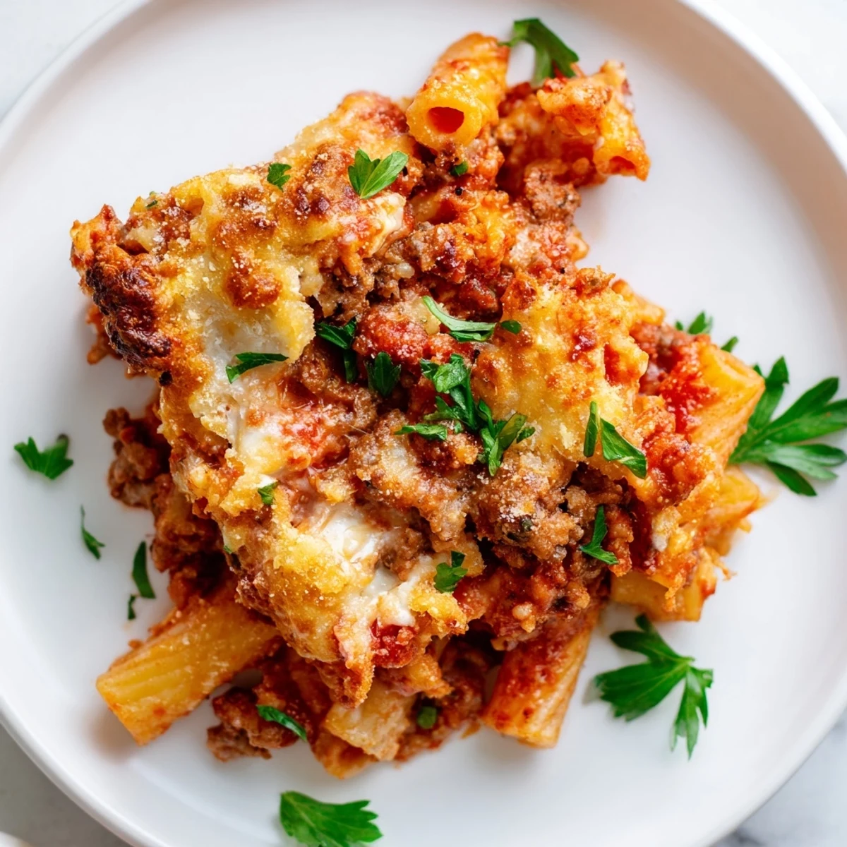 Close-up on fork-twisted Baked Ziti with ground beef marinara and rich, bubbling mozzarella cheese.
