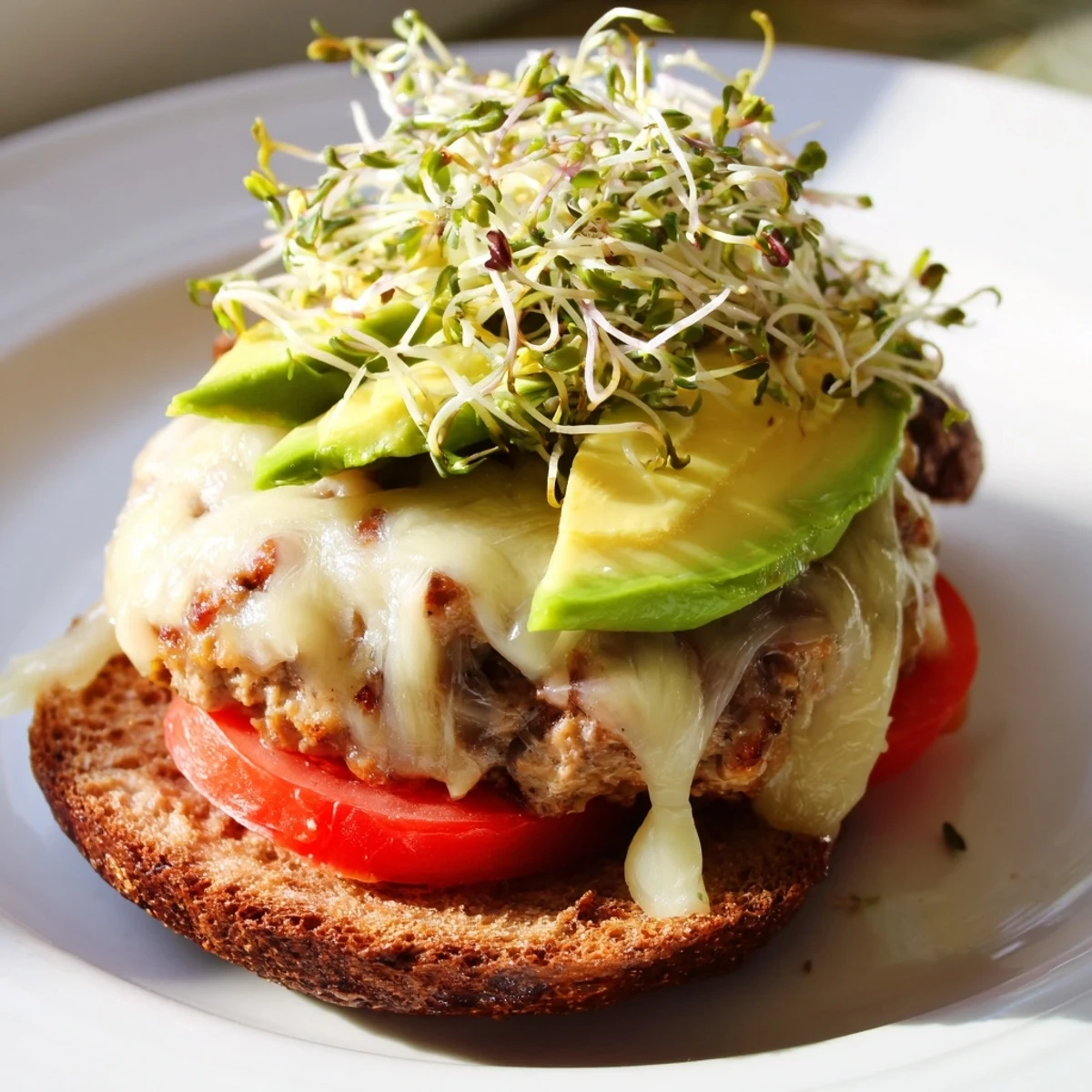 Freshly grilled Turkey Burger with Avocado, Swiss Cheese, and Sprouts on a toasted bun with ripe avocado slices.