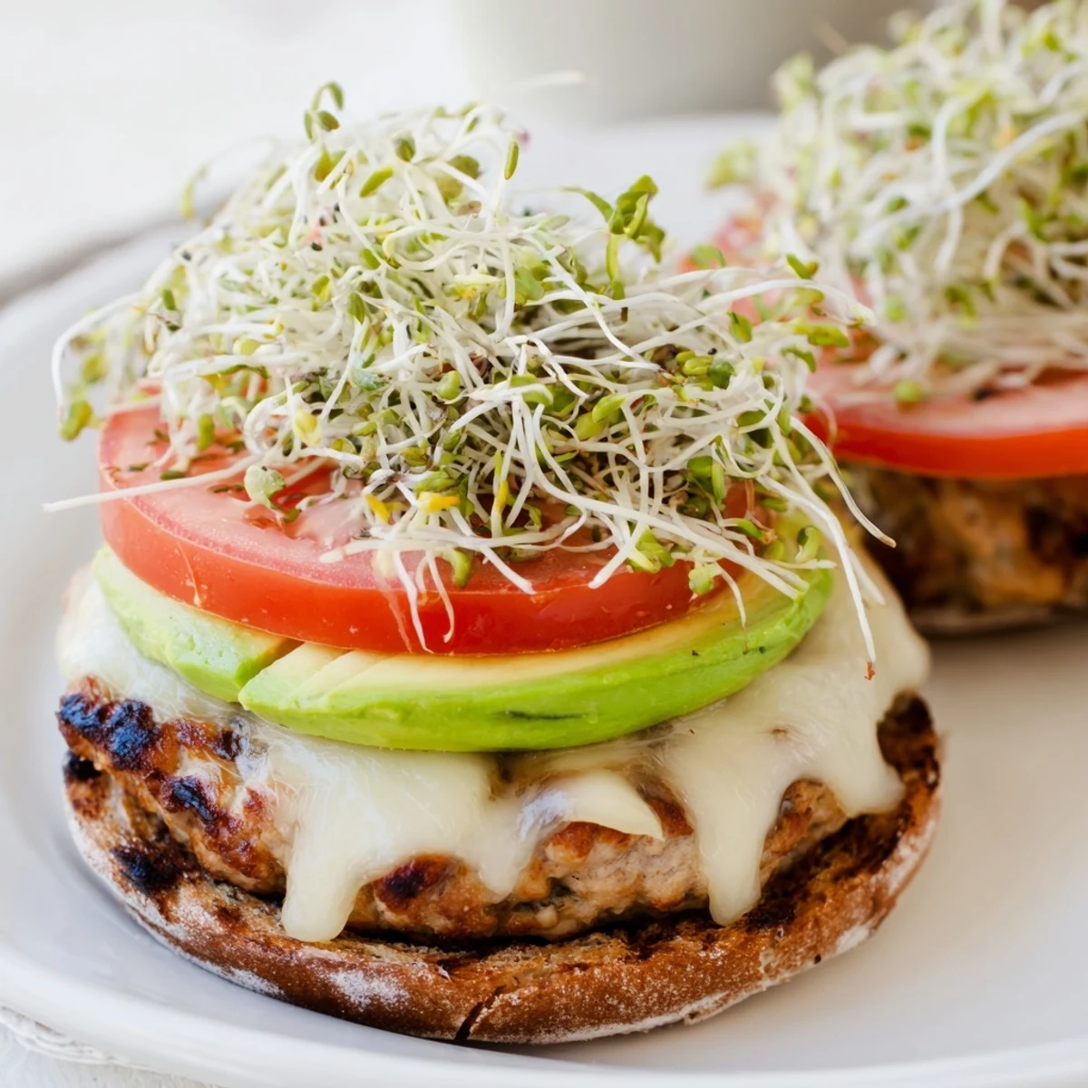 Turkey Burger with Avocado, Swiss Cheese, and Sprouts served on a plate with tomato and lettuce, ready to eat.