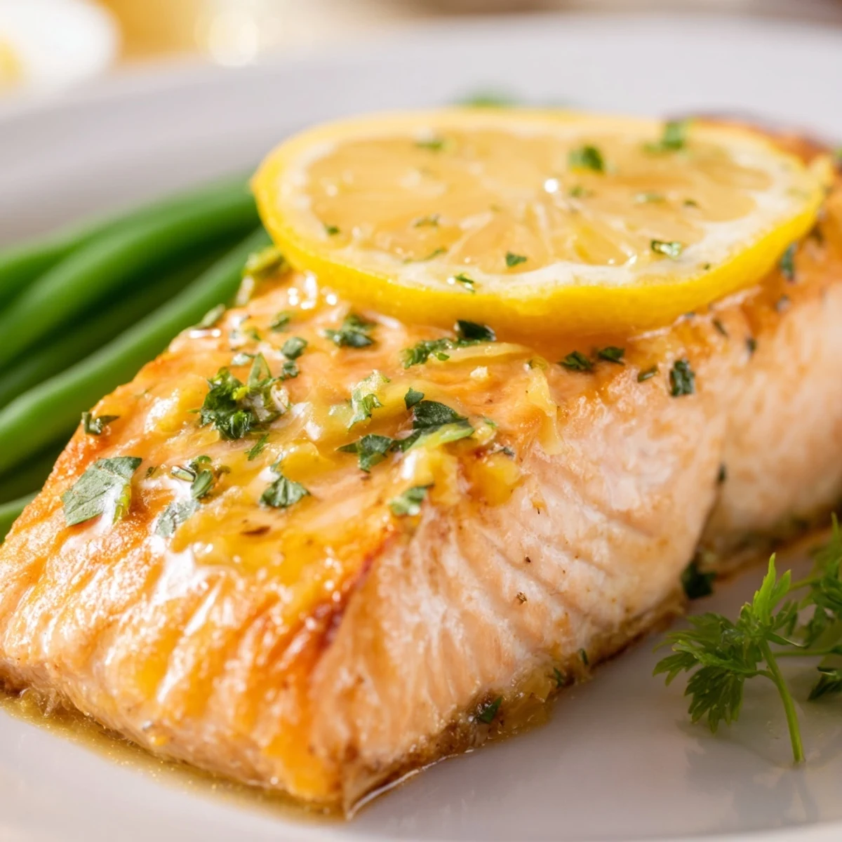 Golden-brown salmon fillets and crisp green beans roast on a sheet pan, drizzled with a bright lemon butter sauce.
