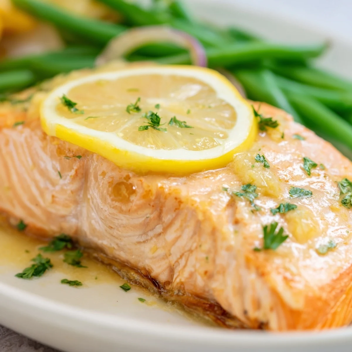 Fork-tender salmon and vibrant green beans, garnished with fresh parsley and lemon rounds on a parchment-lined baking sheet.