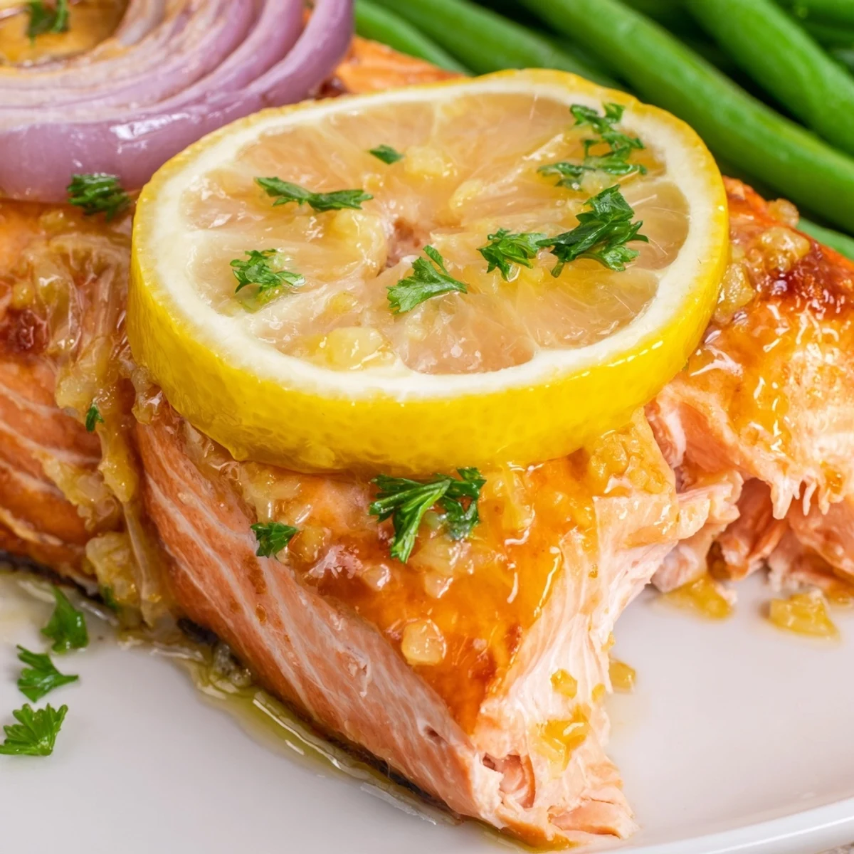 Easy Sheet Pan Salmon and Green Beans with Lemon Butter, ready to serve alongside steamed rice or roasted potatoes.