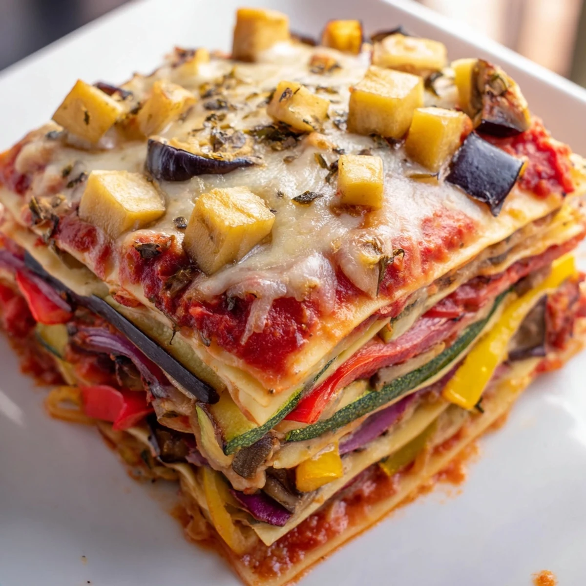 Golden-brown Roasted Vegetable Lasagna with Creamy Bechamel Sauce, served hot with bubbly cheese and fresh basil garnish.