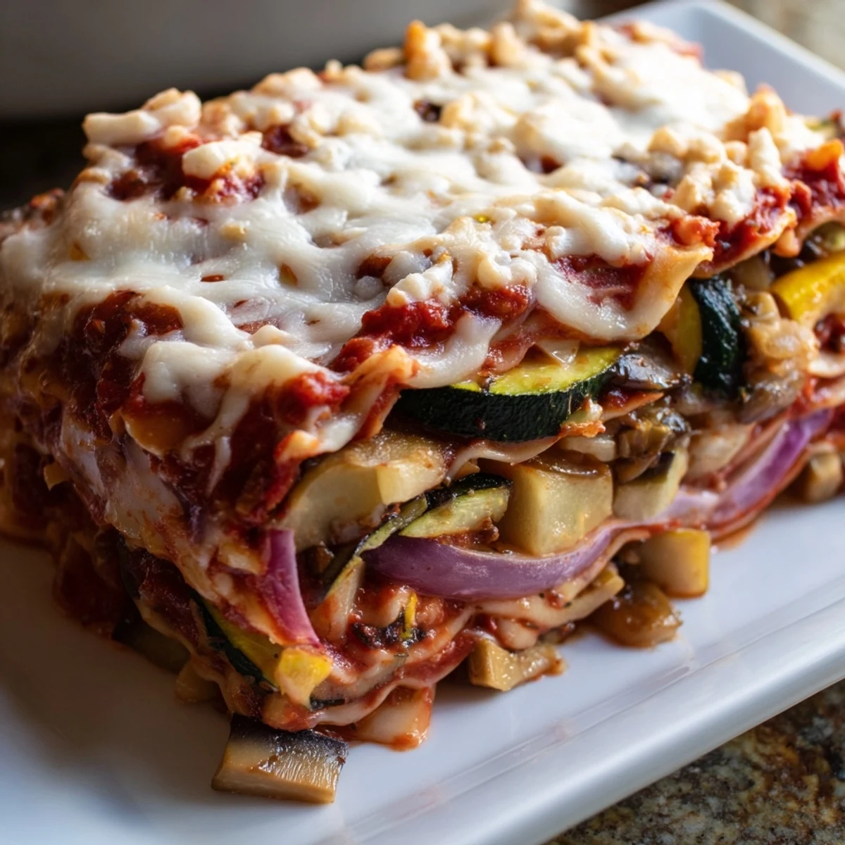 A slice of Roasted Vegetable Lasagna with Creamy Bechamel Sauce reveals layers of roasted vegetables and rich tomato sauce.