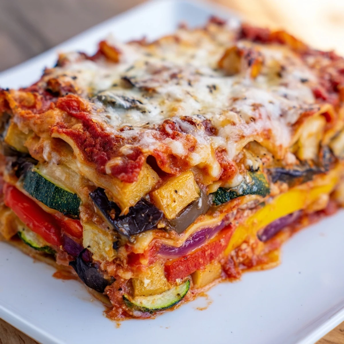 Close-up of Roasted Vegetable Lasagna with Creamy Bechamel Sauce, featuring golden, baked cheese topping on a white ceramic dish.