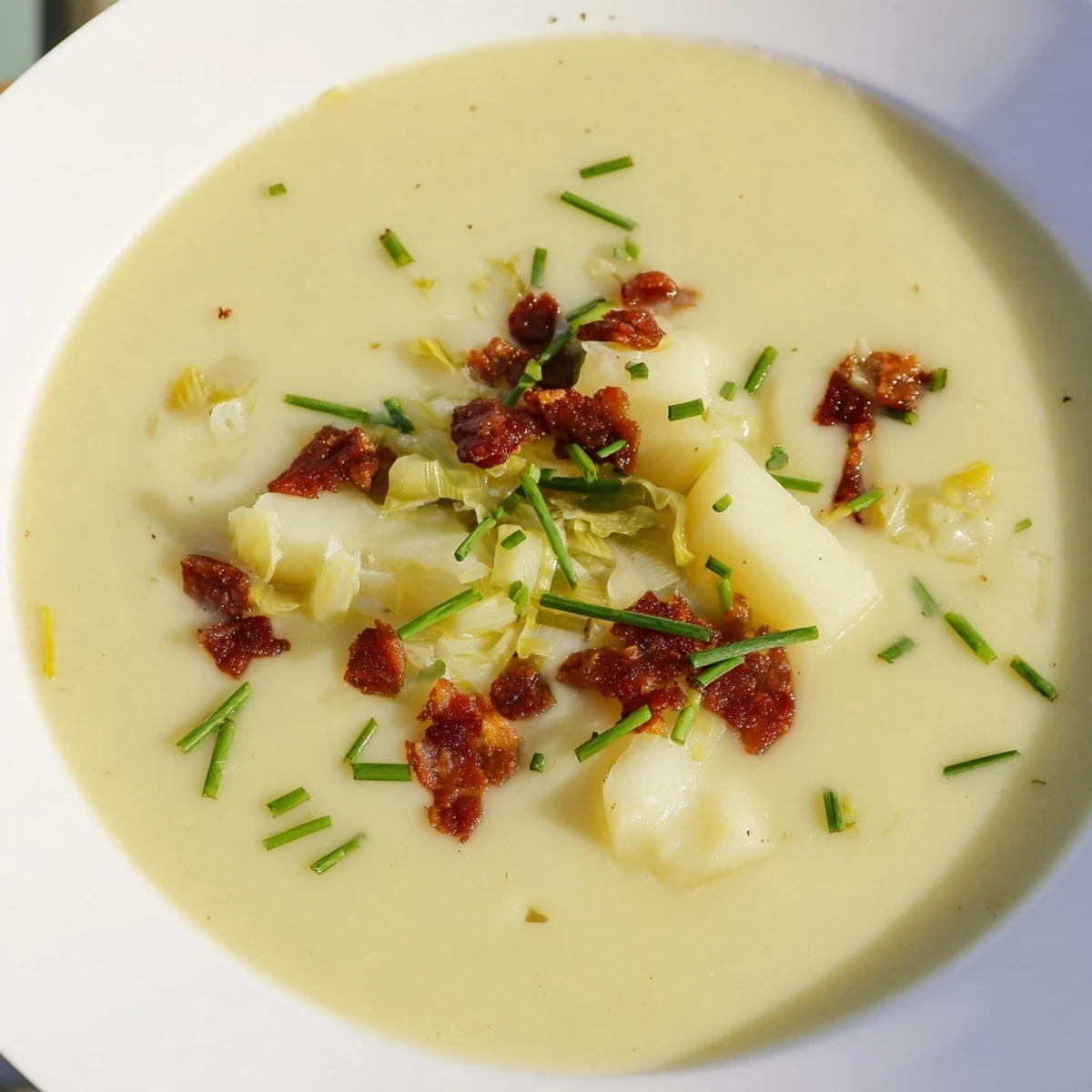 A bowl of Creamy Potato Leek Soup with Crispy Turkey Bacon, featuring velvety texture and chopped parsley garnish.