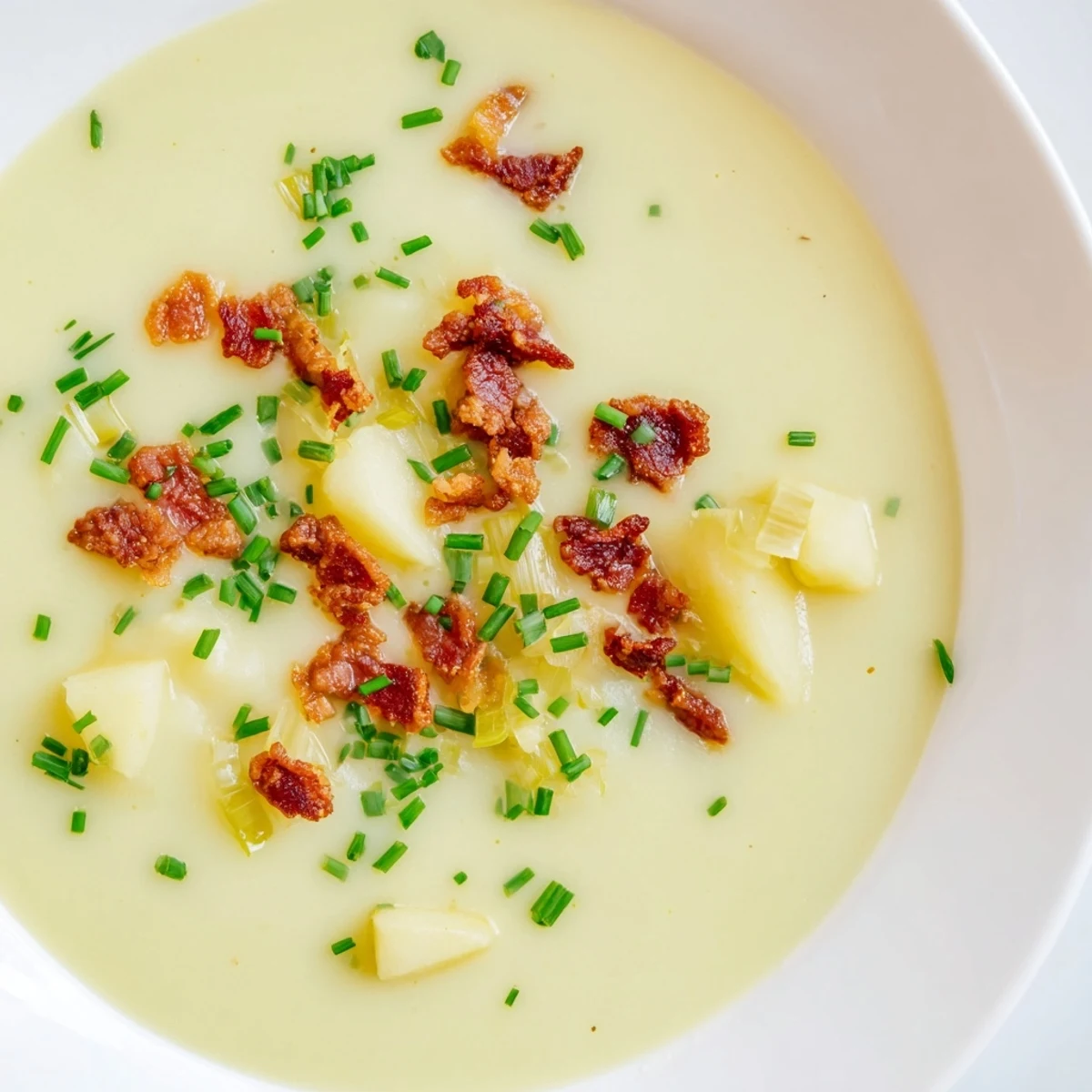 Creamy Potato Leek Soup with Crispy Turkey Bacon ladled into a white bowl, garnished with fresh chives.