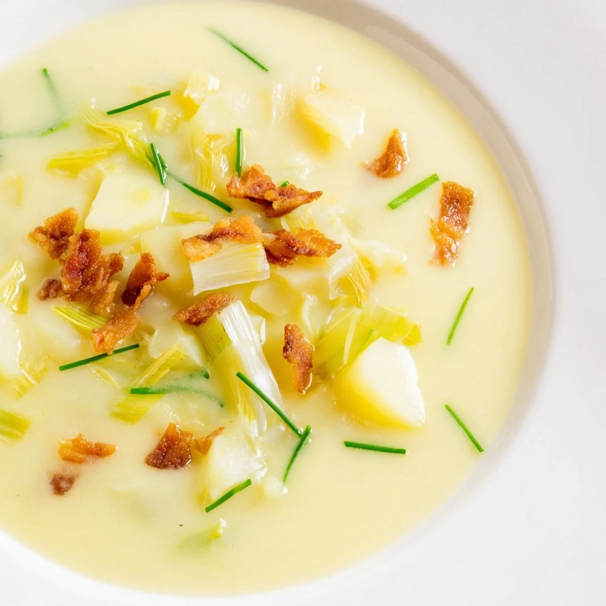 Freshly blended Creamy Potato Leek Soup with Crispy Turkey Bacon served warm, topped with golden, crunchy bacon bits.
