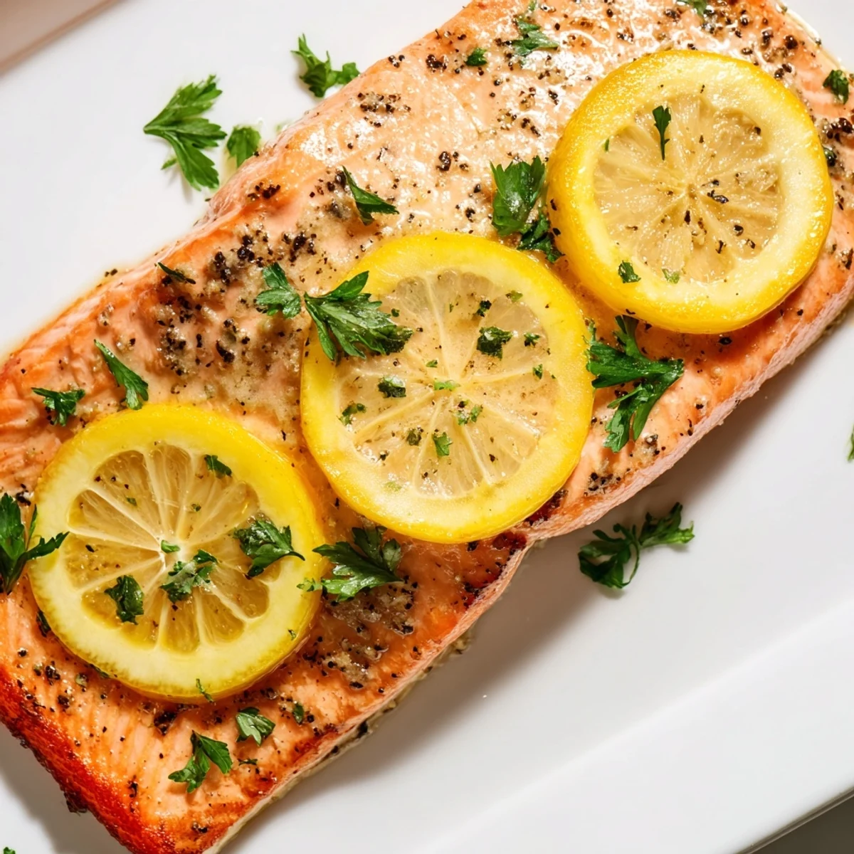 Freshly baked Baked Salmon with Lemon Pepper Seasoning on a sheet pan with lemon slices and parsley garnish.