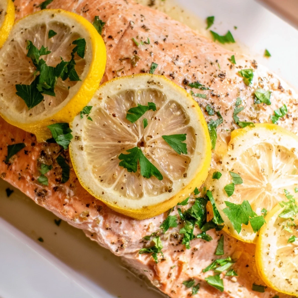 Golden-brown fillets of Baked Salmon with Lemon Pepper Seasoning flake easily with a fork for a gluten-free dinner.